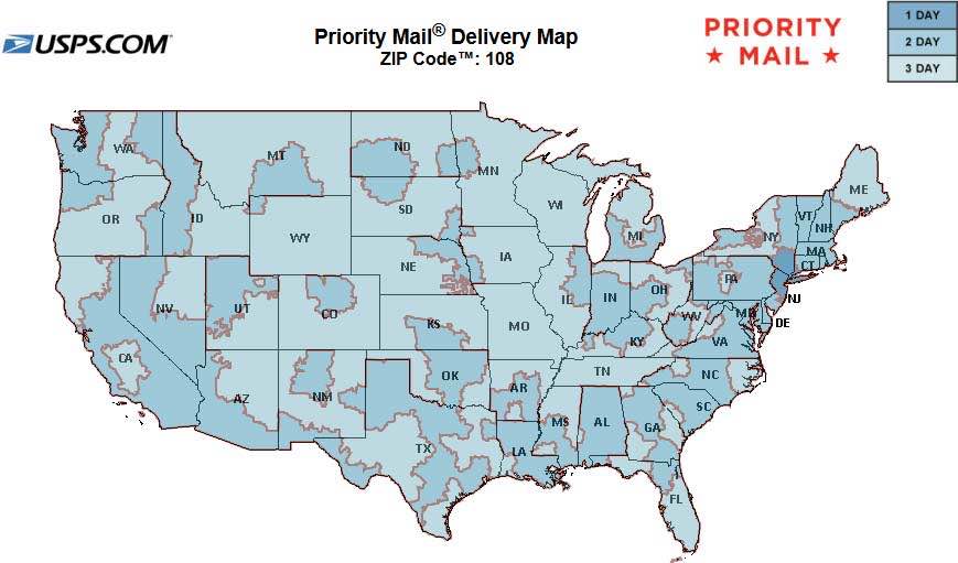 map of Priority Mail 1-2-3 day delivery from Zip Code: 108*