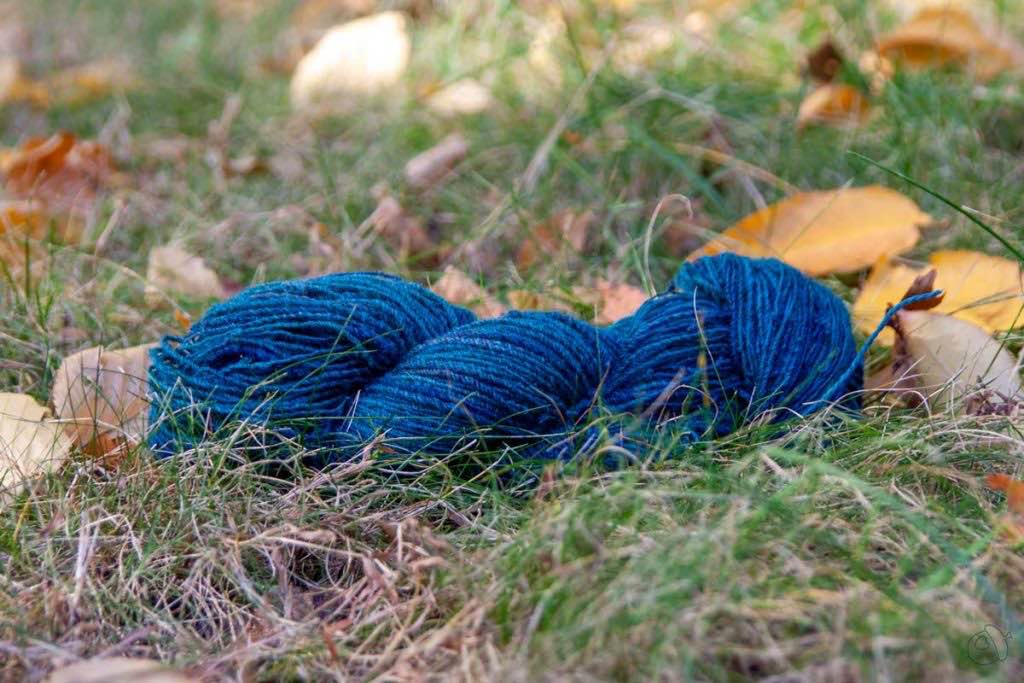 Skein of dark teal handspun laying on a grass lawn