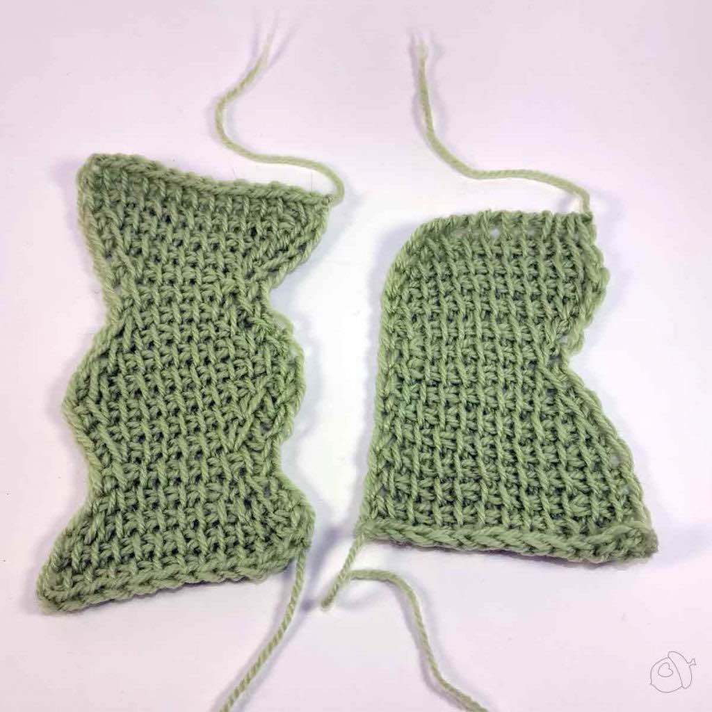 Tunisian crochet sampler swatches, different shaping techniques worked in the same yarn.