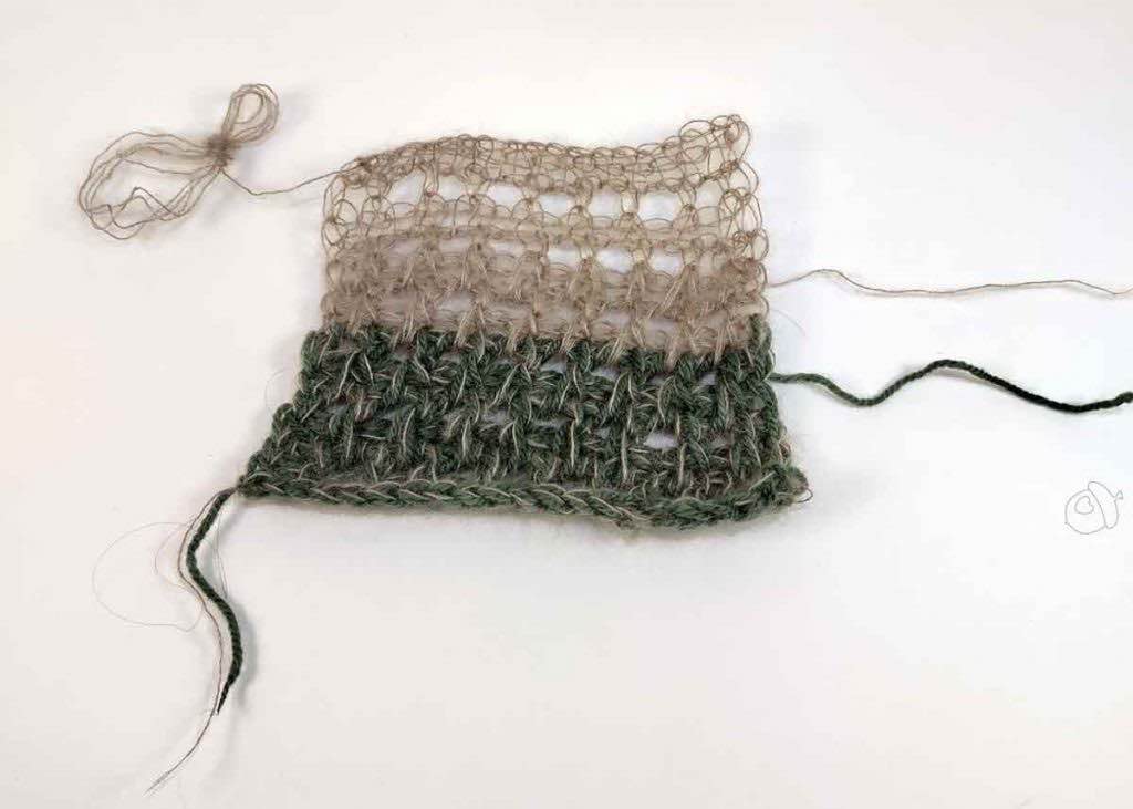 Tunisian crochet sampler swatch, same stitch pattern worked in 3 different yarn variations