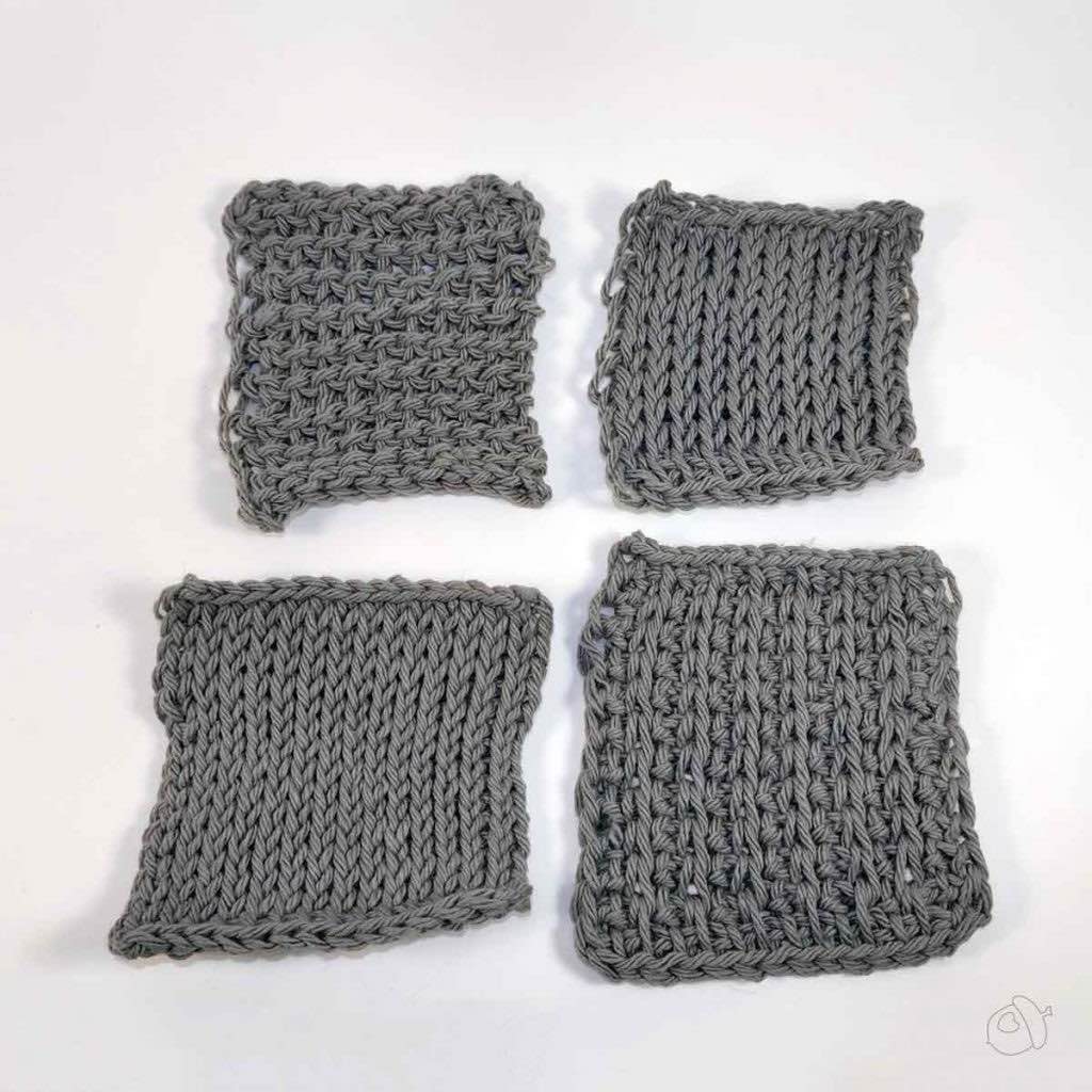 Four Tunsian crochet swatches on a plain background.