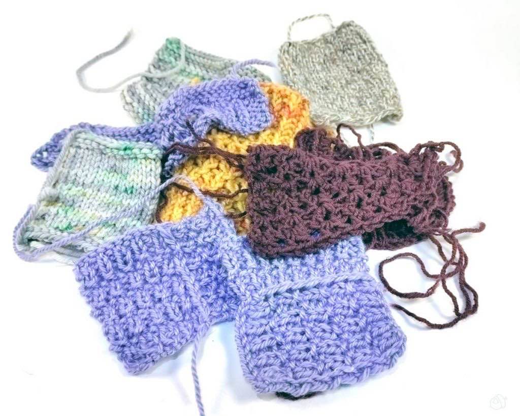 knit and crochet swatches on a white background