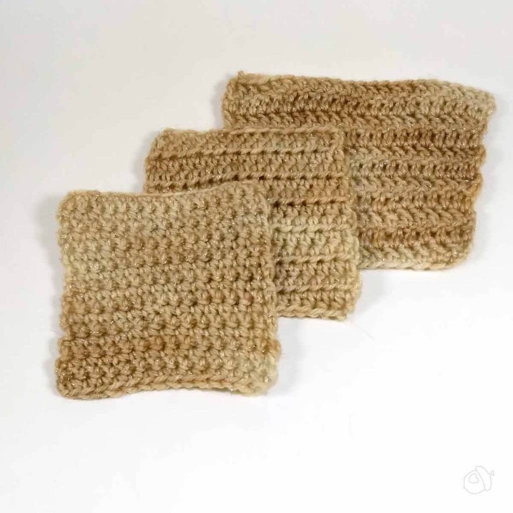 Single, Half Double, and Double Crochet swatches shown spread on a white background. The yarn in Anzula Nebula and the color is a dusty light rose pink